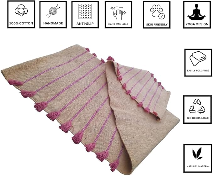 Indian Handmade100 % Organic Anti Skid Multi Colour Cotton Yoga Mat - Eco-Friendly Hand-Woven Rug - Non-Slip & Thick (24”x72”x5mm) for Hot yoga & Everyday Fitness at Home - Comfortable & Foldable Extra-Long Mat