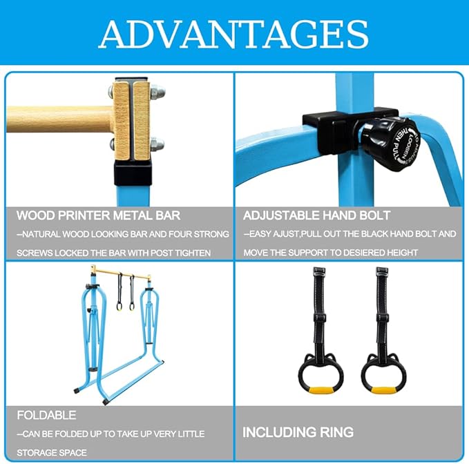 Foldable Gymnastics Kip Bar with Mat and Ring Set,3' to 5' Height Adjustable,Kids Gymnastic Equipment for Ages 3-15,Indoor and Home Training- Max Load 350LBS