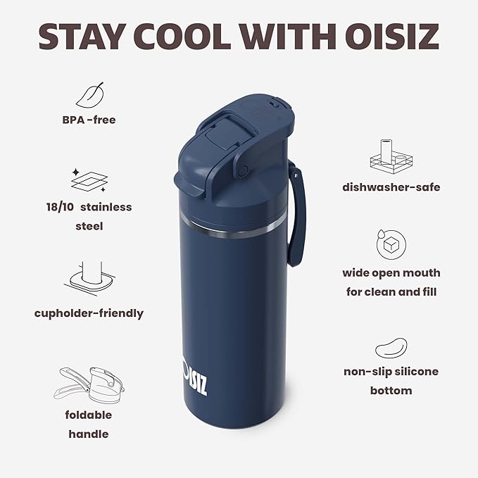 OISIZ Insulated Water Bottle 20 oz with 2 in 1 Spout and Straw Lid,One Click Safety Lock,100% Leakproof,Keep Cold 24H,Vacuum Stainless Steel Water Bottle for School,Travel and Sports,Dishwasher Safe