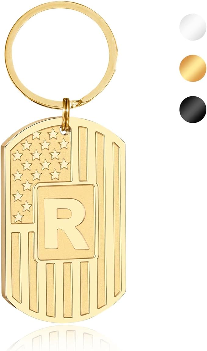 Stocking Stuffers Christmas Gift- Initial Keychain Gifts for Men,A-Z Letter American Flag Keychain Mens Gifts
