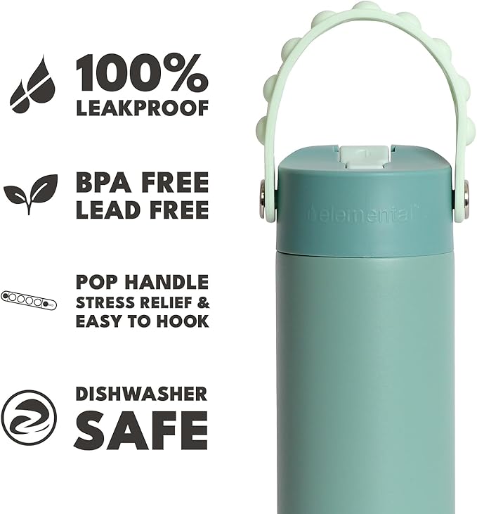 Elemental Insulated Kids Water Bottle, Stainless Steel Water Bottle with Straw Lid & Pop-It Handle, Leak-Proof Water Bottles for School, Boys or Girls, Travelling and Sports, 18oz - Sage