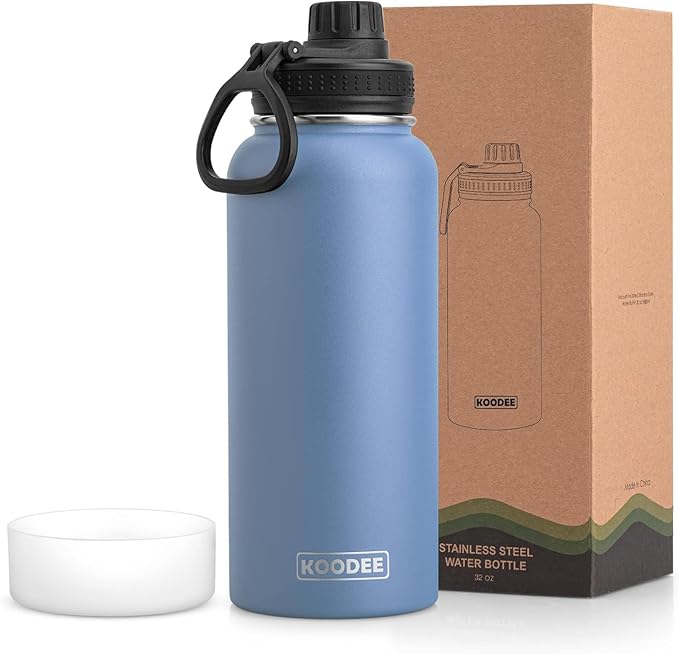 koodee Insulated Water Bottle, 32 oz Stainless Steel Double Wall Vacuum Wide Mouth Sport Bottle with Leakproof Spout Lid (Royal Blue)