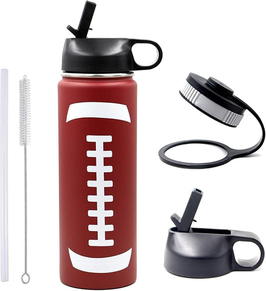 22 oz Football Water Bottle with Straw, Sports Flask Metal Travel Tumbler with 2 Lids, Stainless Steel Double Wall Vacuum Insulated Leak Proof Thermo Water Bottles, Football Gear Gifts for Boys Girls