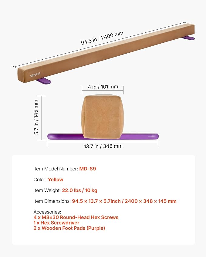 VEVOR 8FT Balance Beam for Kids, 200-350LBS Stable Support Gymnastics Floor Beam with Non-Slip Mat, Wood-Core/EVA Gymnastics Training Equipment with Anti-Slip Bottom & Carry Bag for Home Gym