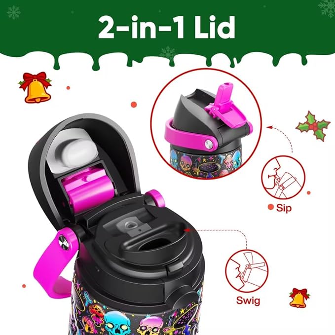 ENCOOL Insulated Water Bottle with Straw Stainless Steel Water Bottle with Push Button Lid, Leak-Proof & BPA-Free, Keeps Cold for 24 Hours for Sports, Travel, Gym (24 oz, Trippy Skulls)