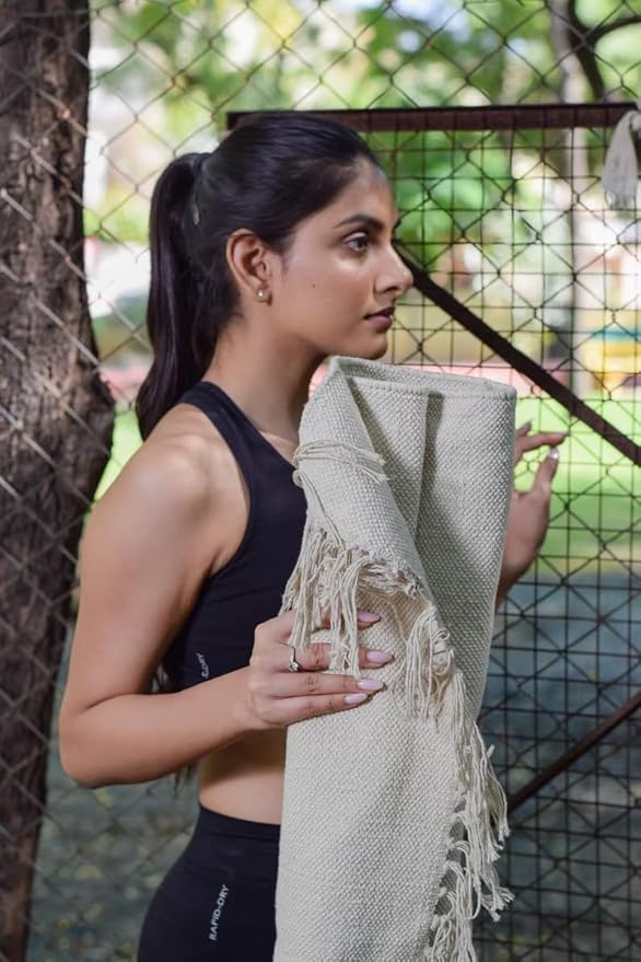 Indian Handmade100 % Organic Anti Skid Multi Colour Cotton Yoga Mat - Eco-Friendly Hand-Woven Rug - Non-Slip & Thick (24”x72”x5mm) for Hot yoga & Everyday Fitness at Home - Comfortable & Foldable Extra-Long Mat