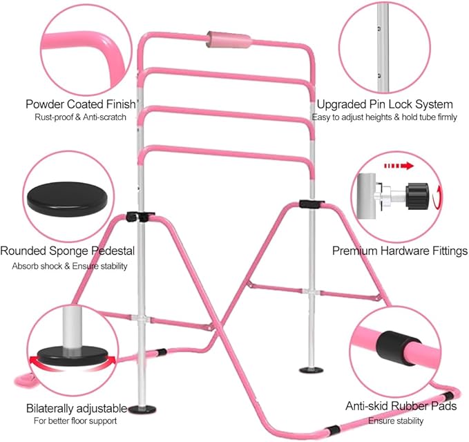 Expandable Gymnastics Bar for Kids, Adjustable Height Junior Training Kip Bar, Folding Gymnastic Horizontal Bars Monkey Bar, Home Gym Equipment for Kid Gymnasts, Child, Girl, Boy