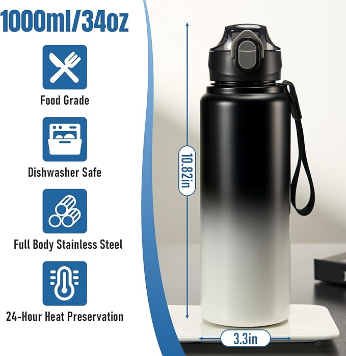 1L/33oz Insulated Water Bottle with Straw Stainless Steel Food Material Big Water Bottle Food Grade Waterbottle for Adults-Gradient Black For Sports,Travel,Hiking,Camping,Office