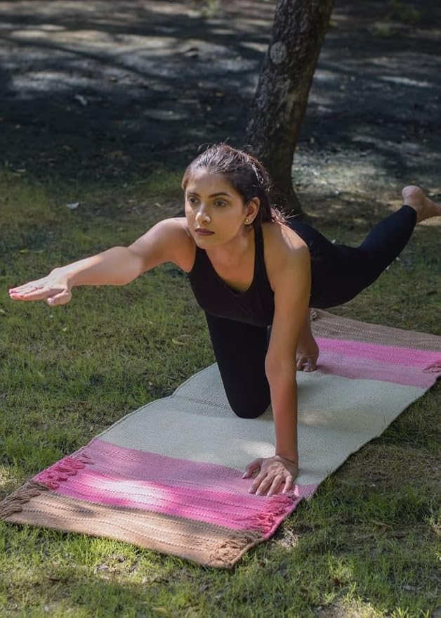 Indian Handmade100 % Organic Anti Skid Multi Colour Cotton Yoga Mat - Eco-Friendly Hand-Woven Rug - Non-Slip & Thick (24”x72”x5mm) for Hot yoga & Everyday Fitness at Home - Comfortable & Foldable Extra-Long Mat