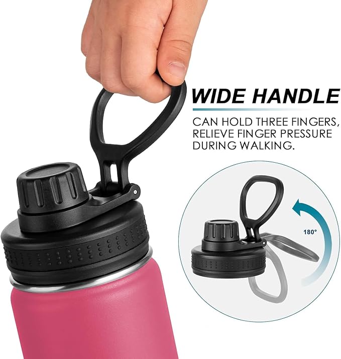 koodee Kids 16oz Stainless Steel Vacuum Insulated Water Bottle for Back to School Wide Mouth Flask with Leakproof Spout Lid (Pink Red)