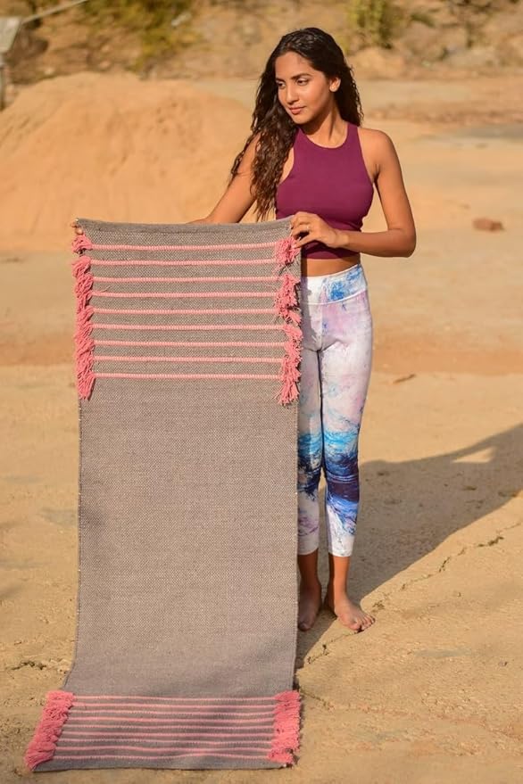 Indian Handmade100 % Organic Anti Skid Multi Colour Cotton Yoga Mat - Eco-Friendly Hand-Woven Rug - Non-Slip & Thick (24”x72”x5mm) for Hot yoga & Everyday Fitness at Home - Comfortable & Foldable Extra-Long Mat