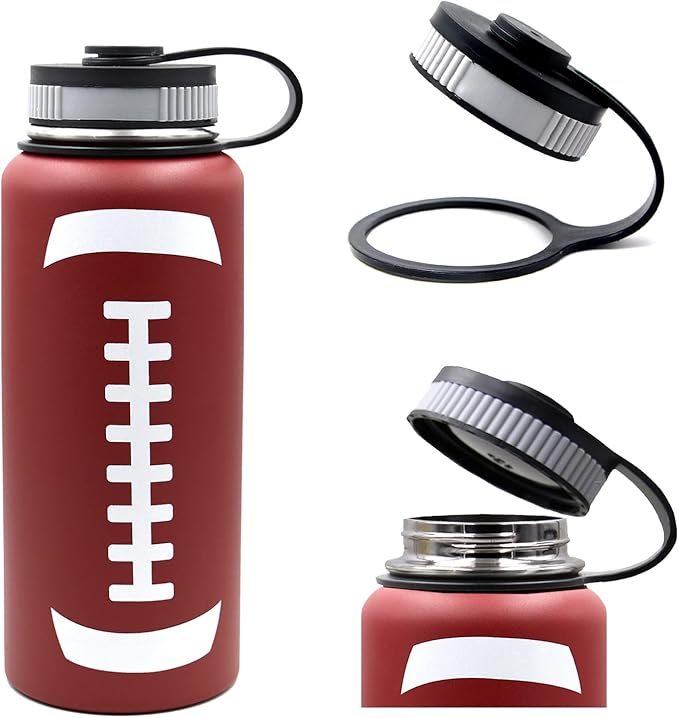32 oz Football Water Bottle with Straw, Wide Mouth Sports Flask Metal Travel Tumbler with 2 Lids, Stainless Steel Double Wall Vacuum Insulated Thermo Water Bottles, Football Gear Gifts for Boys Girls