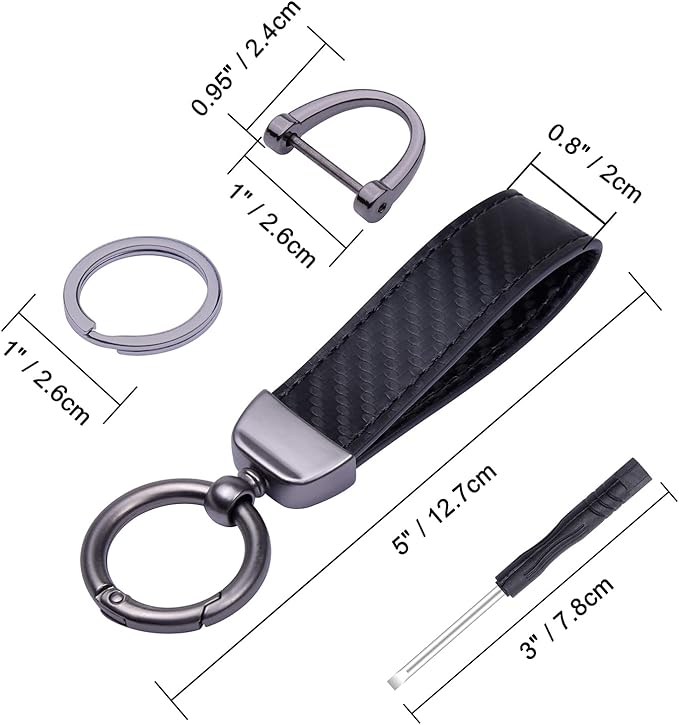 Wisdompro Carbon Fiber Style Car Keychain, Microfiber Leather Key Chain, Universal Key FOB Keychain Holder for Men and Women, with Anti-lost D-ring, 3 Keyrings - Black (with flat connector)