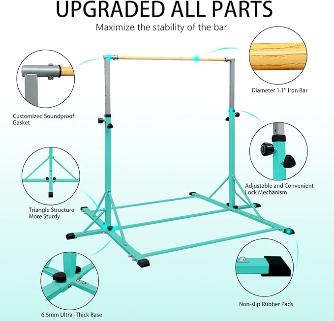 86 York Gymnastics Bar for Kids Ages 3-20, 5FT Base Length, 42" to 63" Adjustable Height, Horizontal Bar, Kip Bar for Gymnast, Gymnastic Training Equipment for Home, Gym Center (Gym Bar, Teal)