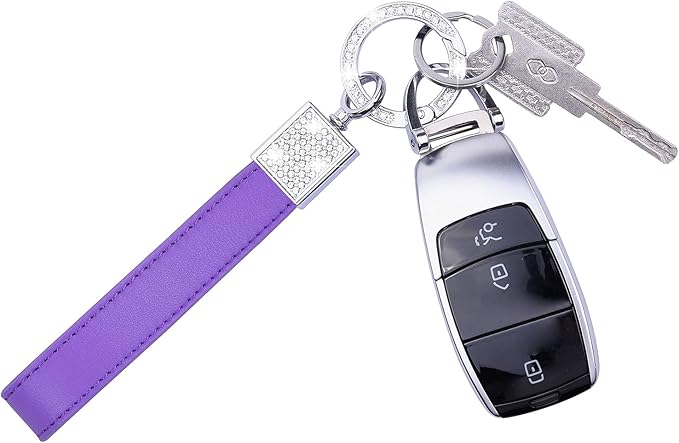 Wisdompro Genuine Leather Car Keychain, Bling Key FOB Holder Leather Loop Keychains for Women Girls with Crystal Rhinestones and 2 Keyrings - Purple