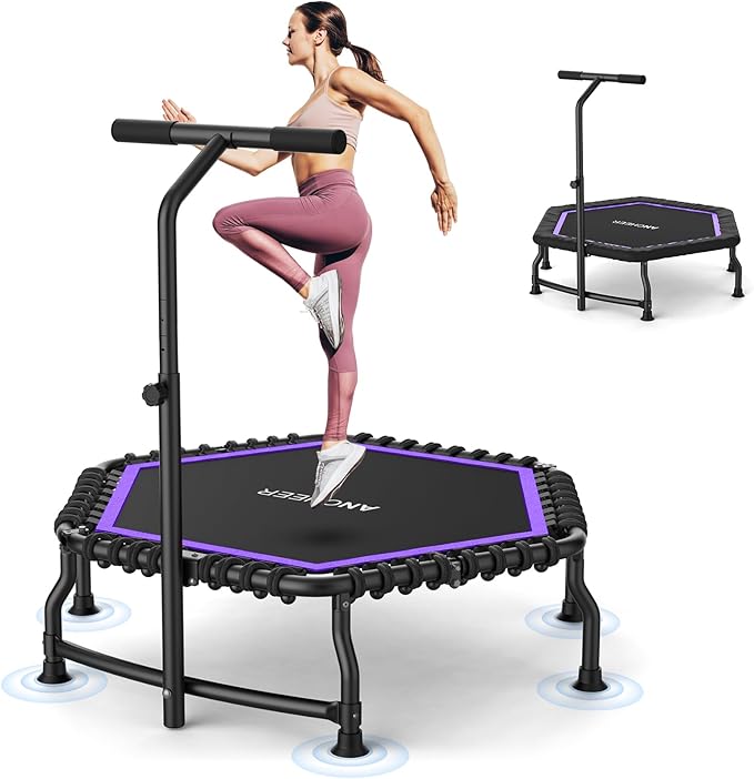 ANCHEER Trampoline, 50'' Rebounder Trampoline for Adult with Bar, Indoor Outdoor Mini Trampoline, 550LBS Fitness Trampoline with Bungee, Jumping Cardio Equipment, Exercise Trampoline at Home Gym