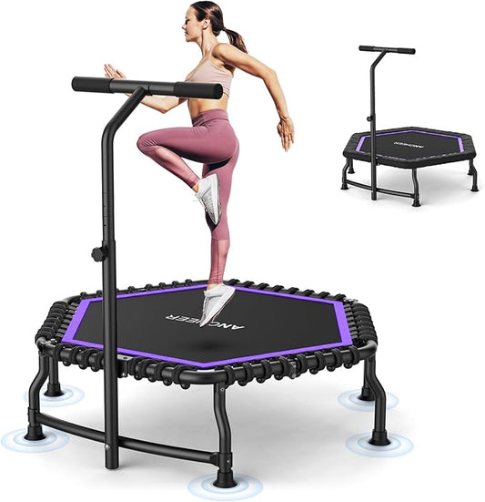 ANCHEER Trampoline, 50'' Rebounder Trampoline for Adult with Bar, Indoor Outdoor Mini Trampoline, 550LBS Fitness Trampoline with Bungee, Jumping Cardio Equipment, Exercise Trampoline at Home Gym