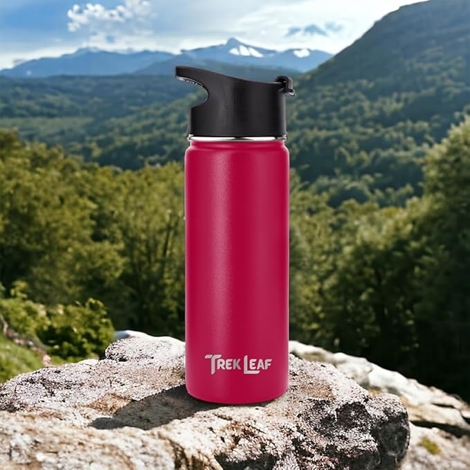 Travel Water Bottle with 3 Lids (Spout, Straw, Flip) Leak Proof, Quality, Vacuum Insulated, Stainless Steel (Hot Pink, 18 oz)