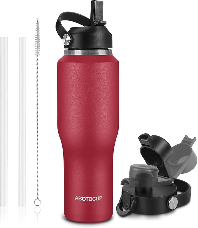 Insulated Water Bottle 40oz with Straw/Spout Lids, Stainless Steel Water Bottles Keep Cold 24h&Hot 12h, Metal Water Bottle with Straw that Fits in Cup Holder, Water Bottle Leak-proof,BPA Free,Red