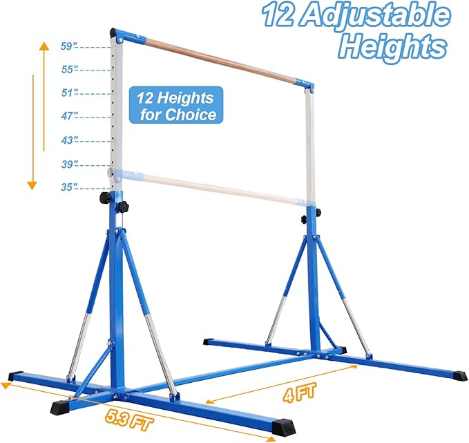 Gymnastics Bar for Kids Ages 3-15, 35" to 60" Adjustable Height, 4FT Wide Base - Professional Kip Bar with 360° Stability & Fiberglass Crossbar, Easy Fold&Solid Design for Home Training