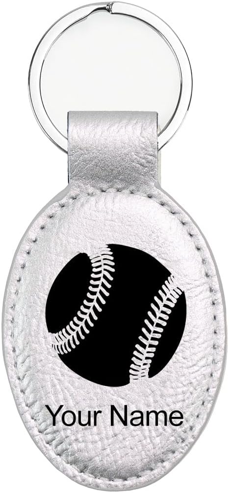 LaserGram Oval Keychain, Baseball Ball, Personalized Engraving Included (Silver)