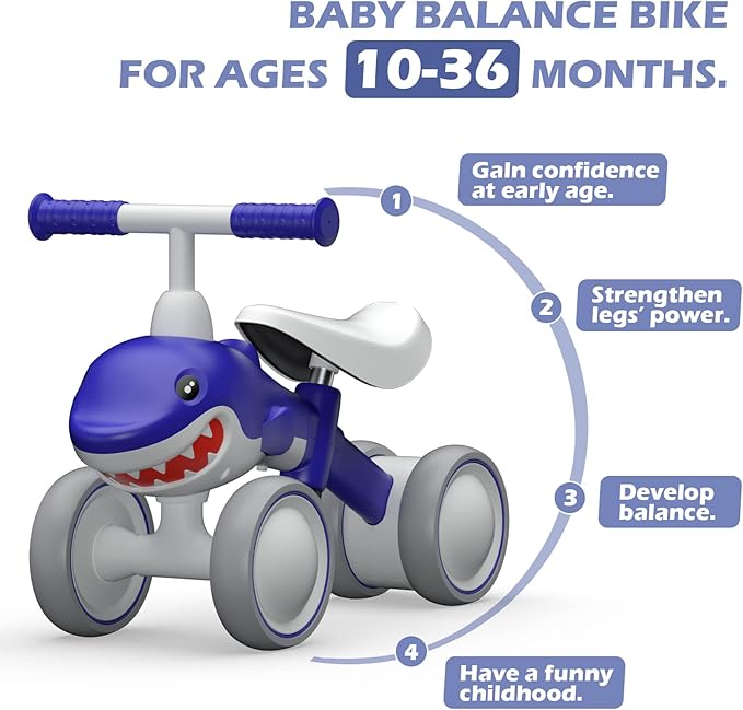 YGJT Baby Balance Bikes Seat Adjustable Toddler Riding Toy for 1 + Year Old Boys Girls, 12-48 Months Baby's First Bike First Birthday Blue Shark