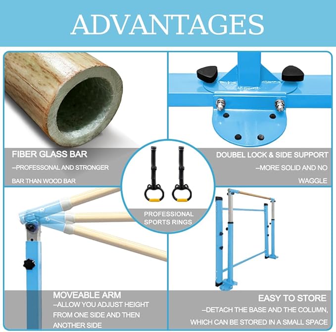 Gymnastics Kip Bar for Home Indoor Training,Horizontal Bar for Kids Girls Junior,Adjustable Arms from 3' - 5' Gym Equipment,1-4 Levels,300lbs Weight Capacity