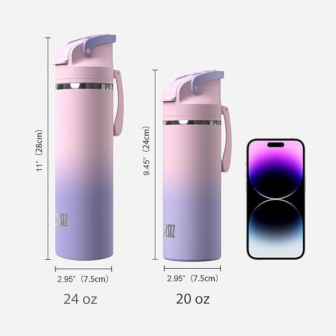 OISIZ Insulated Water Bottle 20 oz with 2 in 1 Spout and Straw Lid,One Click Safety Lock,100% Leakproof,Keep Cold 24H,Vacuum Stainless Steel Water Bottle for School,Travel and Sports,Dishwasher Safe