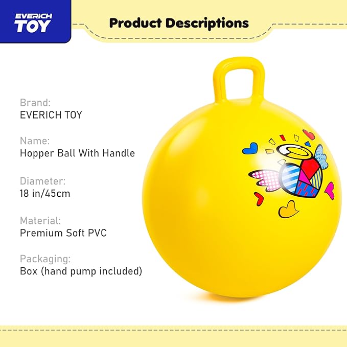 EVERICH TOY Hopper Ball for Kids, 18In Ride On Bouncy Ball with Handle, Yellow Heart Girls Toys for Indoor Outdoor Active Play Toys, Best Christmas Girls Boys Gifts for 4 5 6 7 8 Yr Old