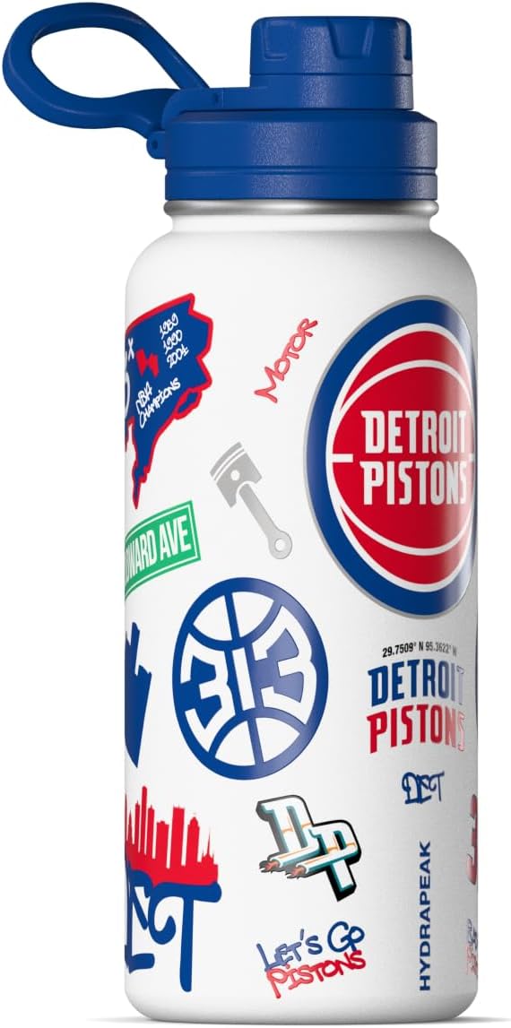Hydrapeak x NBA Officially Licensed Detroit Pistons 32 oz Active Water Bottle with Chug Lid Reusable Stainless Steel Double Wall Insulated Sports Gift, Celebrating The City Of Detroit