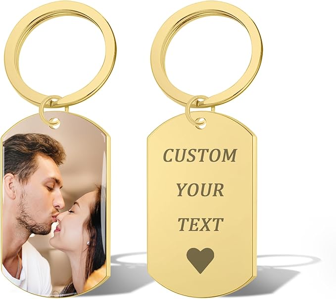 QYH Custom Keychain with Picture - Personalized Key Chain Laser Engraved Photo Text Gold Keychains Customized Gifts for Men