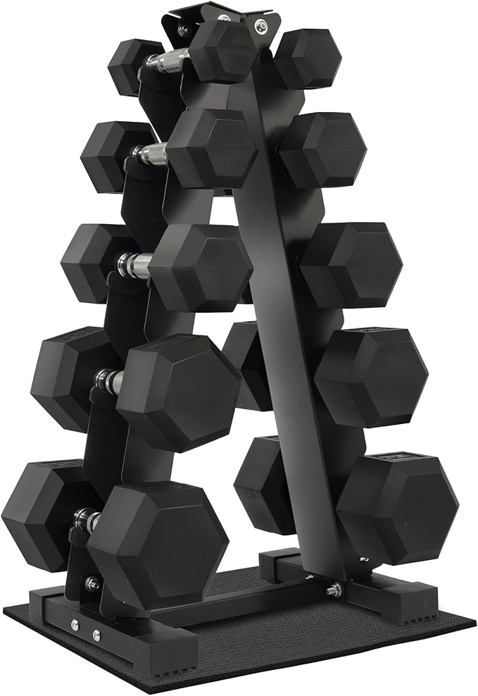 Fitvids 150 LB Rubber Coated Hex Dumbbell Set with Storage Rack, 5-25LB Hand Weight Set with Anti-Slip Grip for Home Gym