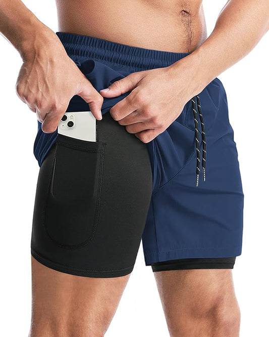 Aolesy Men's 2 in 1 Running Shorts 5" Workout Gym Athletic Shorts for Men Quick Dry Lightweight Training Shorts with Pockets