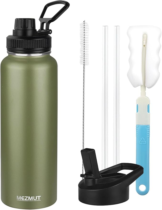 MEZMUT Insulated Water Bottle with Straw&2 Lids 40oz Stainless Steel Water Bottles Sports Metal Water Bottle Double Walled Vacuum Insulated Bottles Cups Leak-Proof Travel Cup (Army Green)