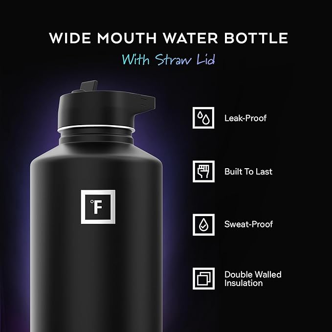 IRON °FLASK Camping & Hiking Hydration Flask with Straw, Wide Mouth Insulated Stainless Steel Sports Water Bottle - 64 oz Fire Red