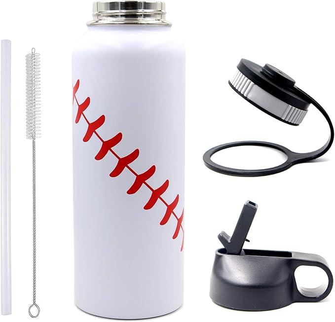 40 oz Baseball Water Bottle, Wide Mouth Sports Flask Metal Travel Tumbler with 2 Lids, Stainless Steel Double Wall Vacuum Insulated Thermo Water Jug, Baseball Accessories Gifts for Mom Boys Girls