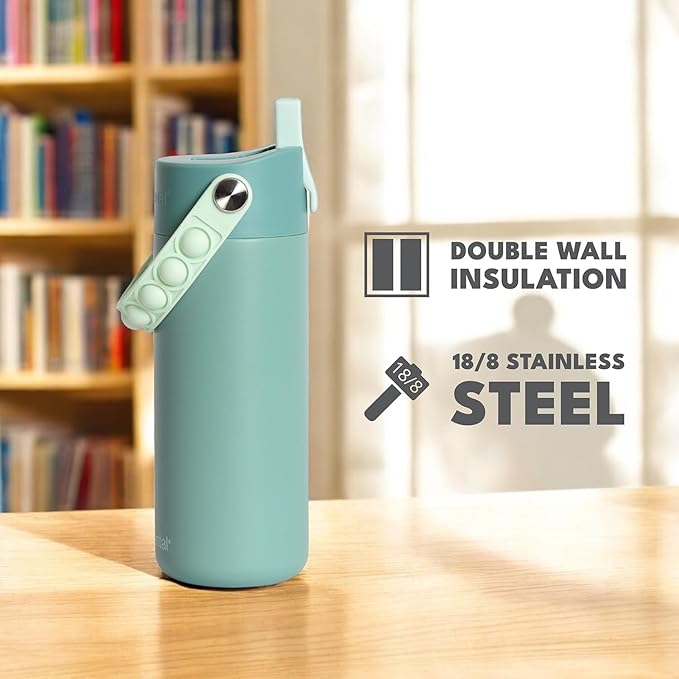 Elemental Insulated Kids Water Bottle, Stainless Steel Water Bottle with Straw Lid & Pop-It Handle, Leak-Proof Water Bottles for School, Boys or Girls, Travelling and Sports, 18oz - Sage