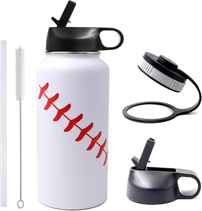 32 oz Baseball Water Bottle, Wide Mouth Sports Flask Metal Travel Tumbler with 2 Lids, Stainless Steel Double Wall Vacuum Insulated Thermo Water Bottles, Baseball Accessories Gifts for Mom Boys Girls
