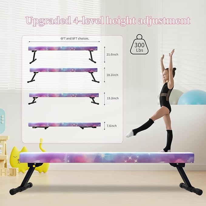 6FT Adjustable&Foldable Gymnastics Balance Beam,Home Gym Equipment,Easy Assembling and Storage,No Tool Require,for Kids Children Girls Training Ages 3-12
