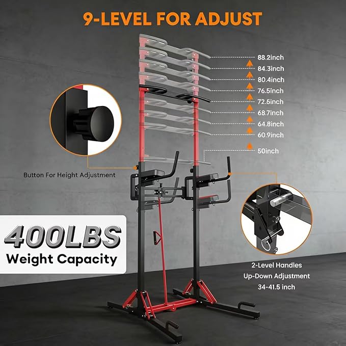 ONETWOFIT Foldable Power Tower Pull Up Bar Station, Multi-Function Adjustable Height Dip Station for Home Gym Workout, Strength Training Fitness Equipment, Pull Up Stand 400LBS