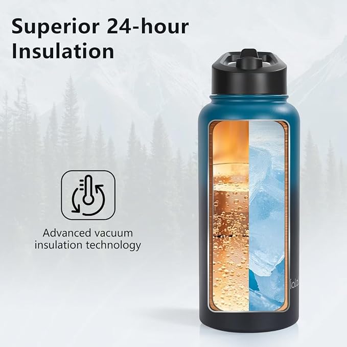 32oz Insulated Stainless Steel Water Bottle, Dual lids, Large Flask, Wide Mouth Sport Drink Bottle (Keep Cold 24H Hot 12H) with Straw, Leakproof Spout Lid (Deep Teal & Onyx)