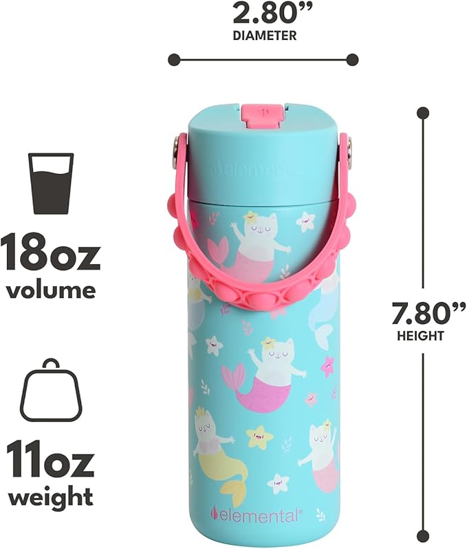 Elemental 100% Leak Proof When Spout is Closed Insulated Kids Water Bottle, Stainless Steel Bottle for School with Straw Lid & Pop-It Handle, Meowmaid & Mermaid Sisters -18oz (2 Pack)