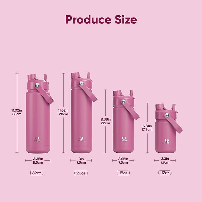 Kids Insualated Water Bottle with Straw - 12oz Stainless Steel Water Bottle with Dual Spouts, Leak-Proof, BPA-Free, Double Wall Vacuum Keeps Cold for 24 Hours for Sports, Travel, School (Turkish Rose)