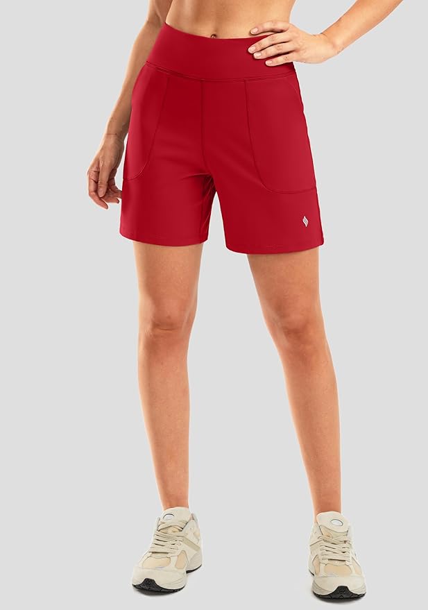 SANTINY Women's 6'' Athletic Long Shorts with 4 Pockets High Waisted Bermuda Shorts for Women Walking Running Casual