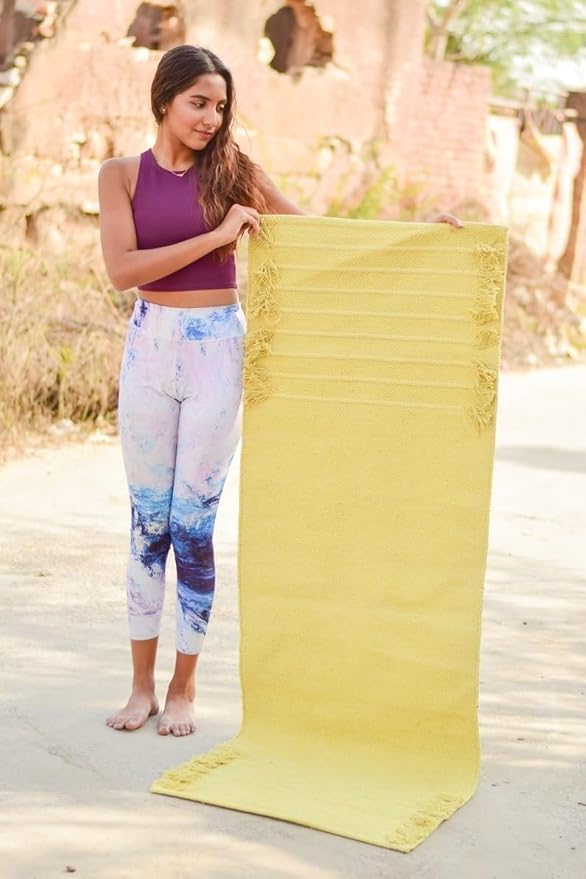 Indian Handmade100 % Organic Anti Skid Multi Colour Cotton Yoga Mat - Eco-Friendly Hand-Woven Rug - Non-Slip & Thick (24”x72”x5mm) for Hot yoga & Everyday Fitness at Home - Comfortable & Foldable Extra-Long Mat