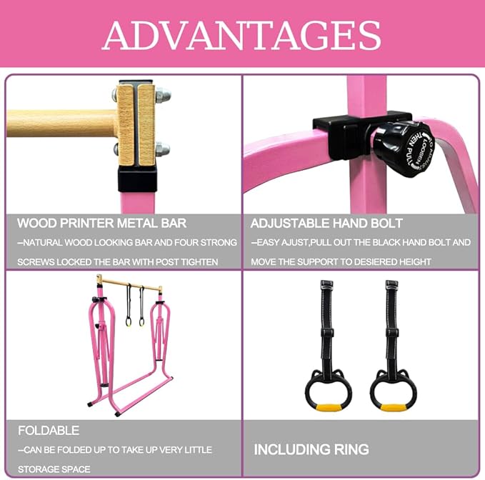 Foldable Gymnastics Kip Bar with Mat and Ring Set,3' to 5' Height Adjustable,Kids Gymnastic Equipment for Ages 3-15,Indoor and Home Training- Max Load 350LBS