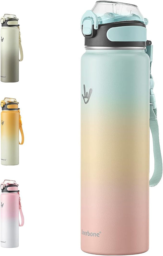 Enerbone 32 oz Insulated Water Bottle, Stainless Steel Bottle with Carrying Strap, Double-Wall Vacuum Insulation Design, Leakproof Sports Bottle with Straw, Keep Drinks Cold or Hot for Hours