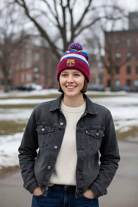Fan Ink FC Barcelona Knit Beanie Official Licensed Winter Hat – Soft Acrylic Soccer Cap with Embroidered Crest – Unisex Warm Cold Weather Headwear for Men & Women Multicoloured