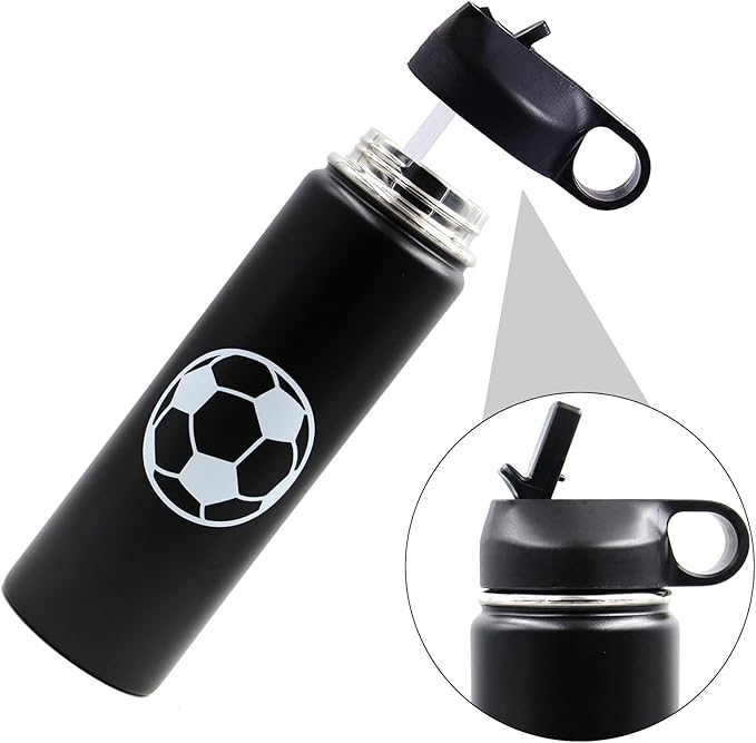 22 oz Soccer Water Bottle with Straw, Sports Flask Metal Travel Tumbler with 2 Lids, BPA Free Stainless Steel Double Wall Vacuum Insulated Leak Proof Thermo Water Bottles, Soccer Gifts for Boys Girls