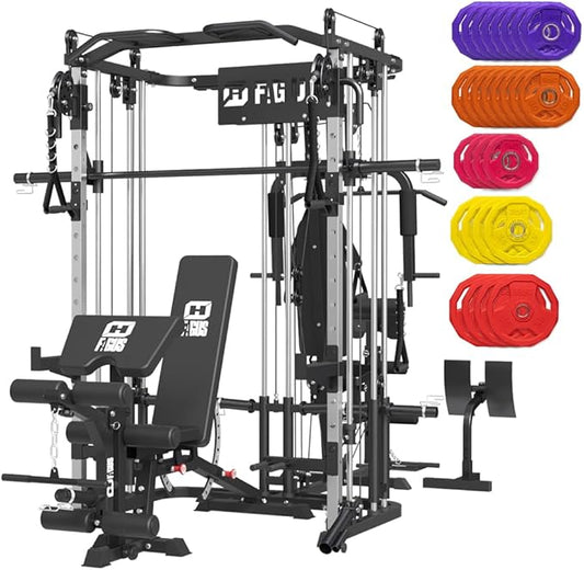 All in One Home Gym System Workout Station, Multi-Function Smithe Machine Power Cage with Cable Crossover System, Tripe-Sided Independent Load Posts, Functional Trainer for Full Body Training